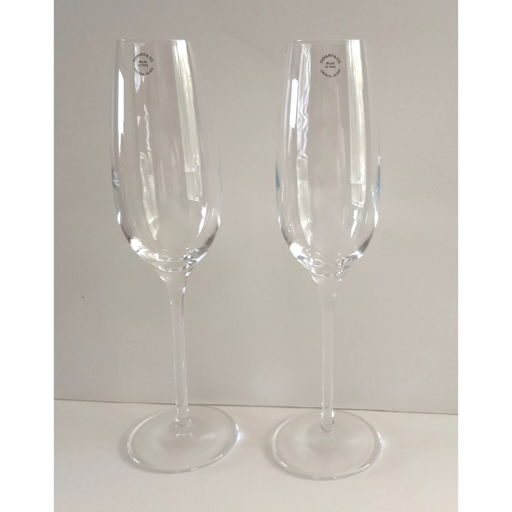 Tiffany & Co Crystal Champagne Flutes Pair Made In Italy Signed w/ Sticker NWOT